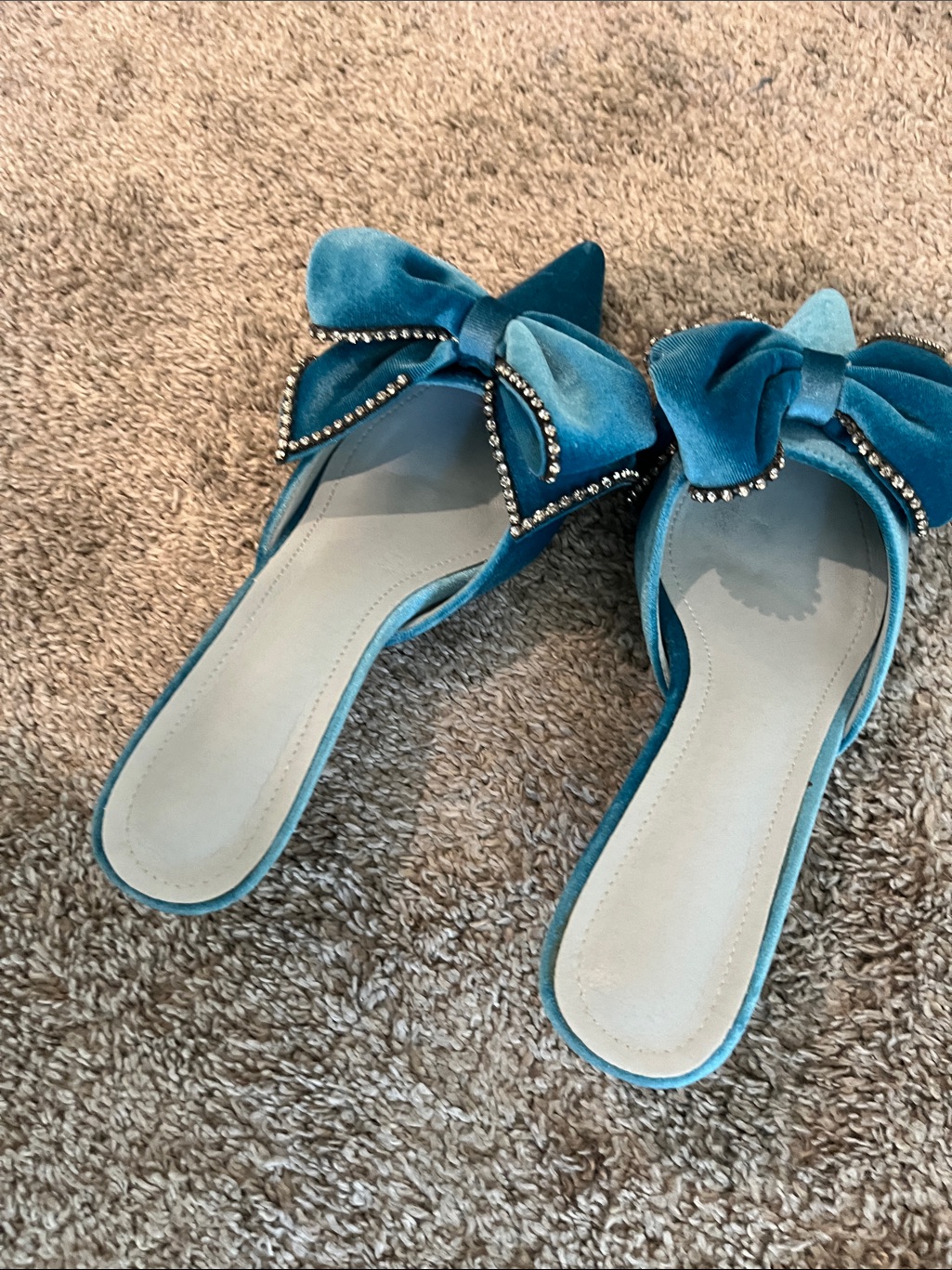 Teal Velvet Bow Slide Sandals With Crystal Trim - Women's
